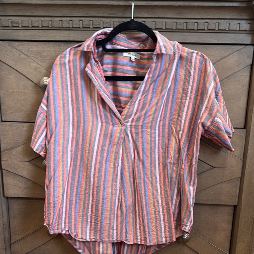 Madewell Asymmetrical Brown and White Short Sleeve Blouse